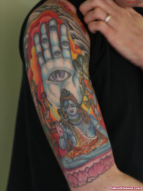 Colored Aqua Religious God Shiva Tattoo On Half Sleeve