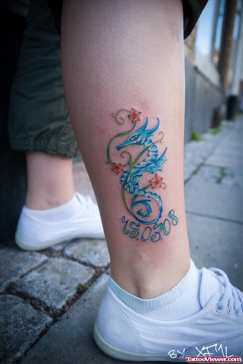 Blue Ink Seahorse Aqua Tattoo On Right Leg