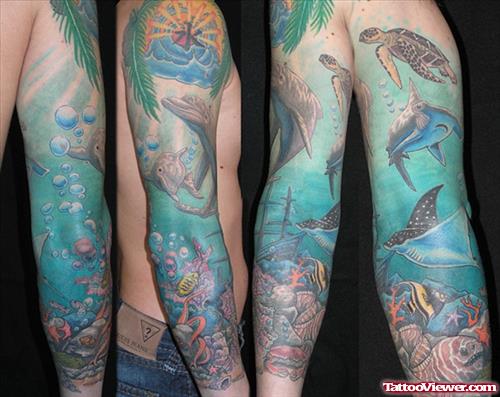 Blue Ink Aqua Tattoo On Full Sleeve