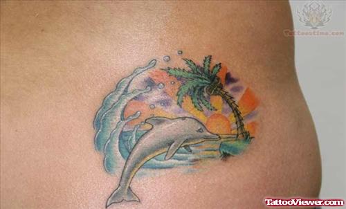 Aqua Ocean Scene Tattoo On Lowerback