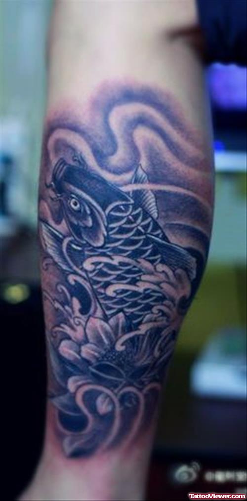 Grey Ink Flower And Aqua Tattoo On Leg