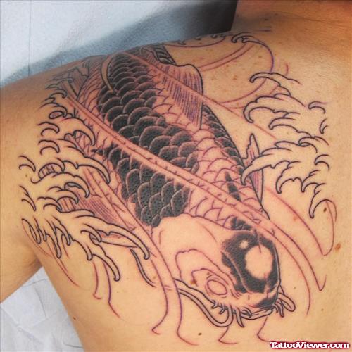 Grey Ink Aqua Fish Tattoo On Left Back Shoulder