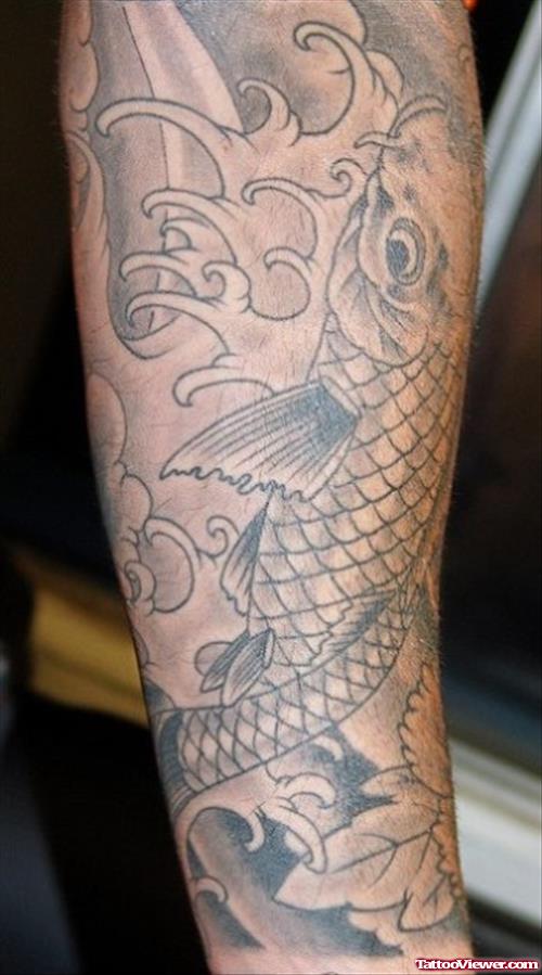 Grey Ink Aqua Fidh Tattoo On Full Sleeve