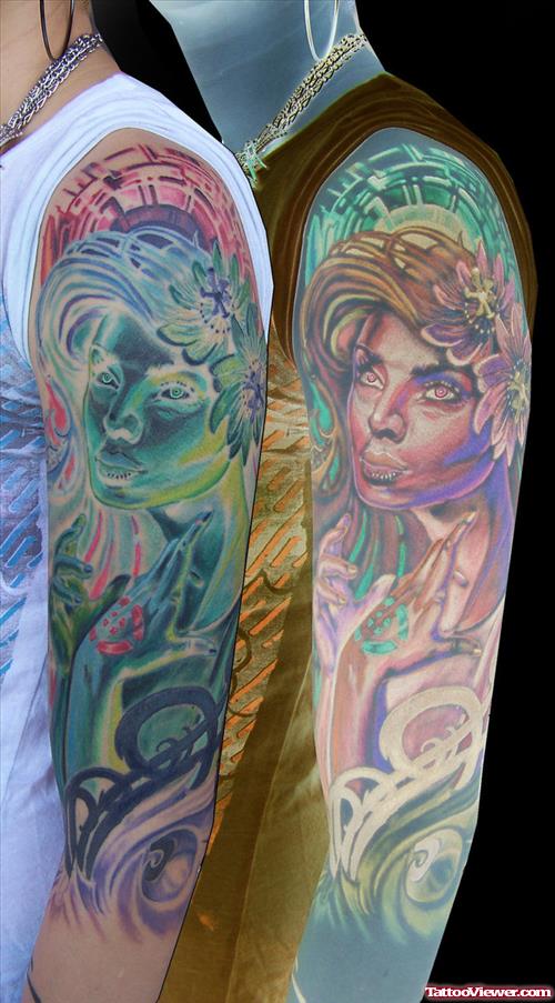 Color Ink Aqua Tattoo On Left Sleeve