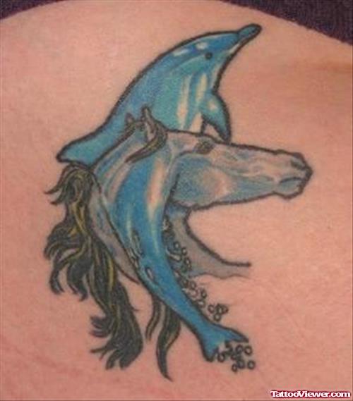Blue Ink Aqua Dolphin and Horse Head Tattoo On  Back