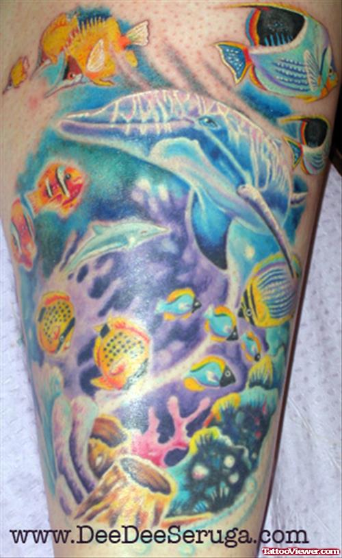 Beautiful Color Ink Aqua Tattoo On Leg