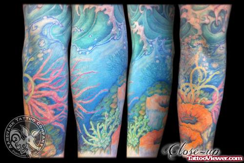 Awesome Colored Aqua Tattoos on Full Sleeve