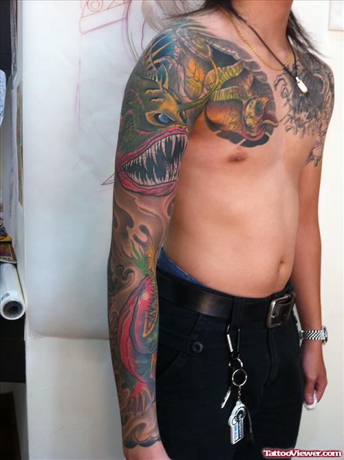 Awesome Colored Aqua Tattoo On Sleeve and Chest