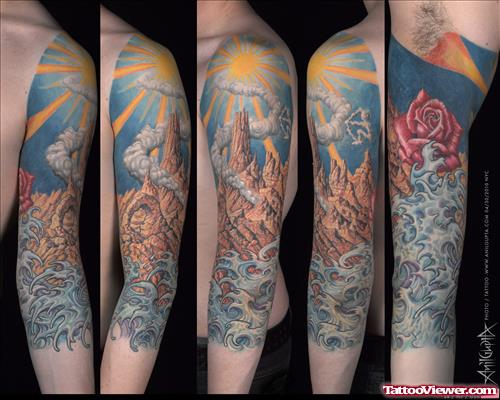 Awesome Colored Aqua Tattoo On Full Sleeve