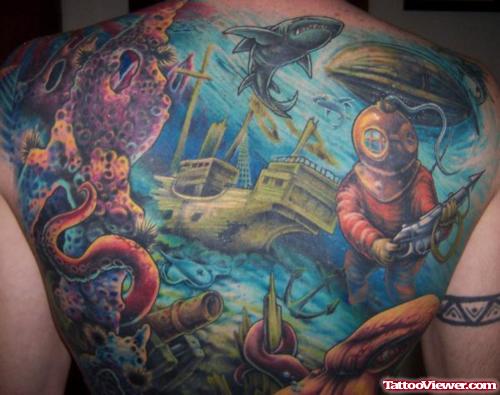 Awesome Colored Aqua Tattoo On Back