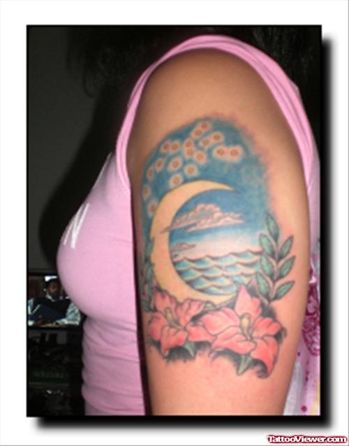 Flowers And Aquarius Tattoo On Left Half Sleeve