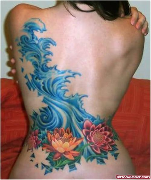 Flower And Water Aquarius Tattoo On Back