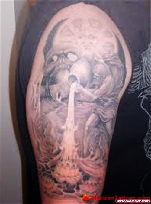 Grey Ink Aquarius Tattoo On Right Half Sleeve