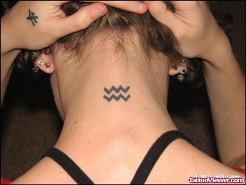 Awesome Back Neck Aquarius Tattoo For Girls