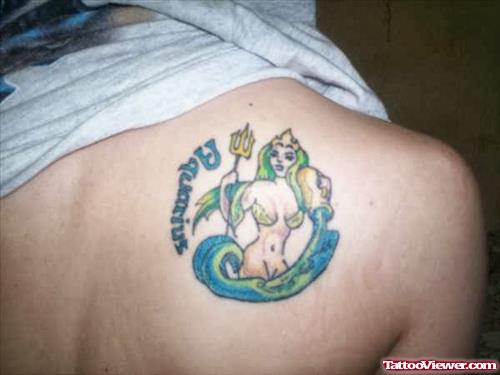 Attractive Colored Aquarius Tattoo On Right Back Shoulder