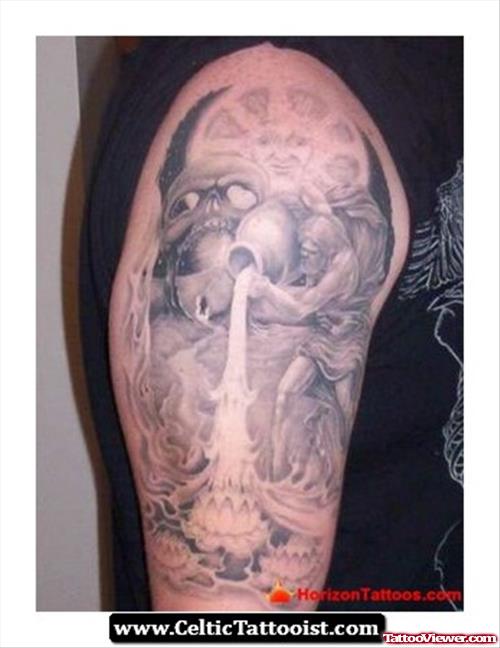 Half Sleeve Grey Ink Aquarius Tattoo