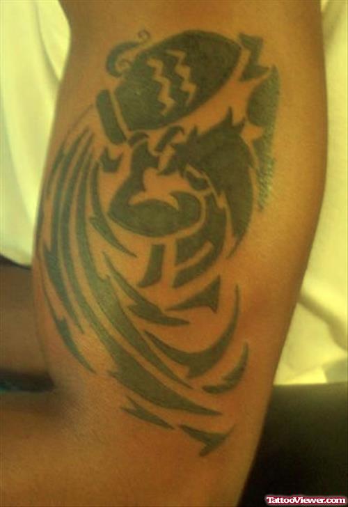 Black Ink Tribal Aquarius Tattoo On Half Sleeve