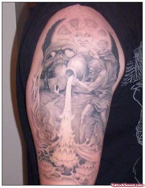 Best Grey Ink Aquarius Tattoo On Half Sleeve