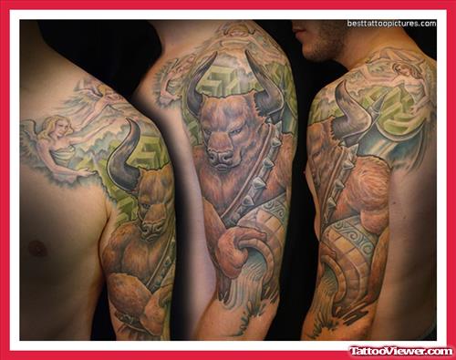 Man Left Sleeve Colored Aquarius Tattoo