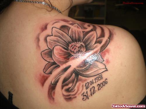 Memorial Grey Ink Flower Aquarius Tattoo On Back Shoulder