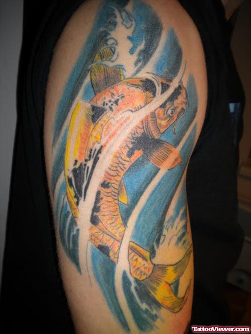 Koi And Water Aquarius Tattoo On Half Sleeve