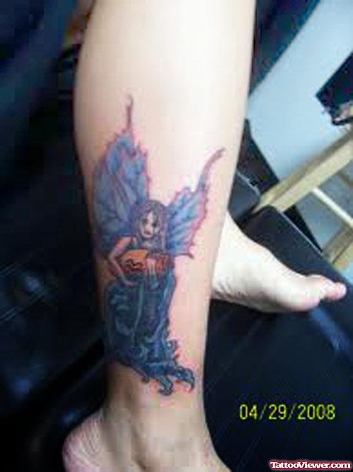 Colored Fairy Aquarius Tattoo On Right Leg