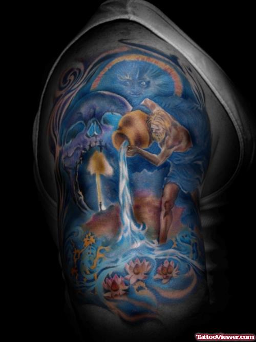 Colored Aquarius Tattoo On Right Half Sleeve