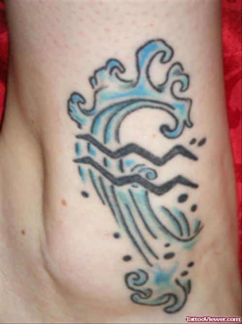 Blue Waves And Aquarius Tattoo On Ankle