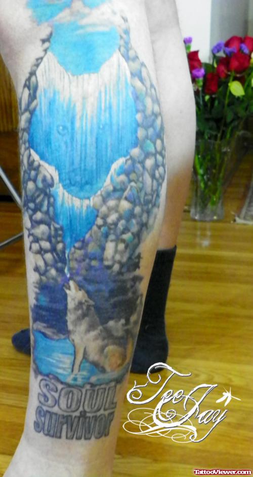 Wolf And Blue Water Aquarius Tattoo On Leg