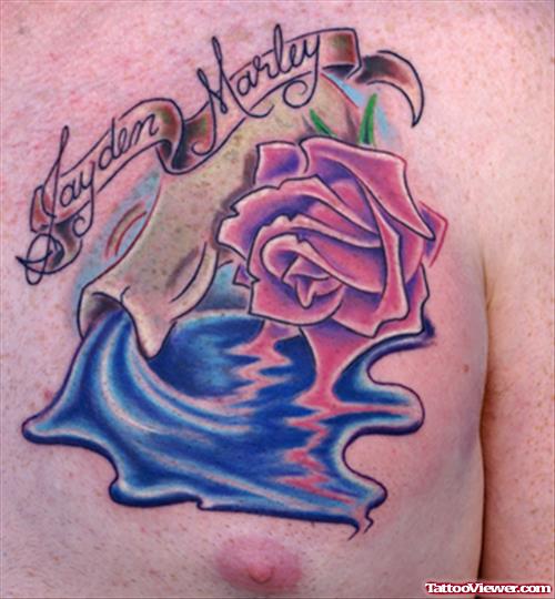 Rose Flower Aquarius Tattoo On Chest