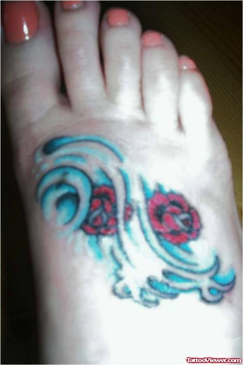 Flowers And Aquarius Tattoo On Girl Right Foot