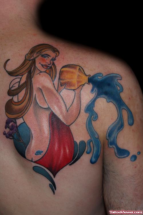 Colored Aquarius Tattoo On Back Shoulder