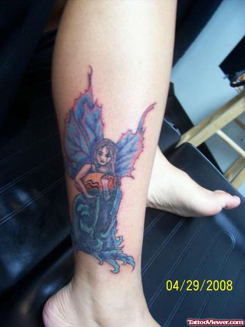 Colored Fairy Aquarius Tattoo On Leg