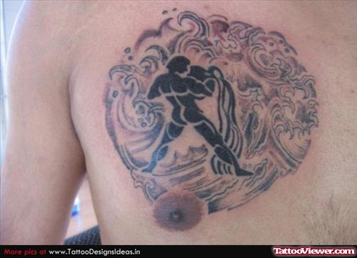 Black Tribal Aquarius Tattoo On Chest