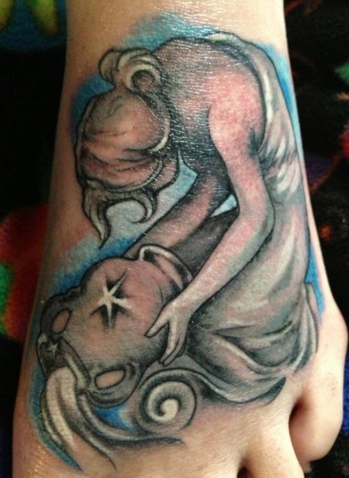 Grey Ink Aquarius Tattoo On Left Foot