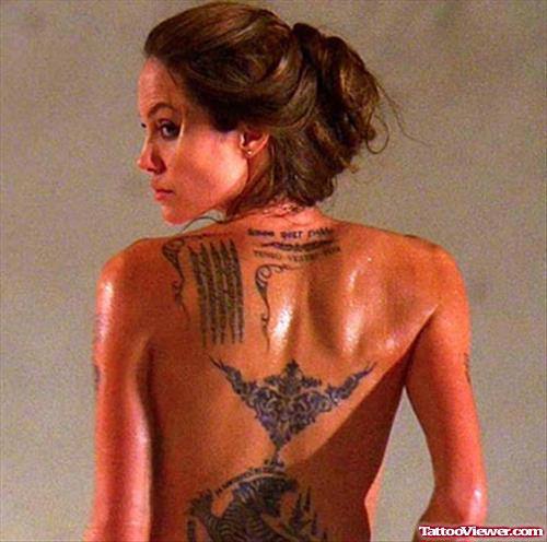 Angelina Jolie Arabic Tattoo On Full Back
