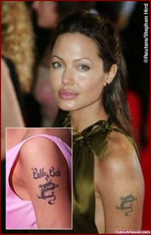 Angelina Jolie With Arabic Tattoo On Left Bicep