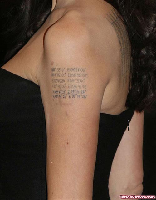 Angelina Jolie Arabic Tattoo On Left Shoulder