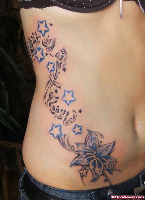 Arabic And Stars Tattoo On Side