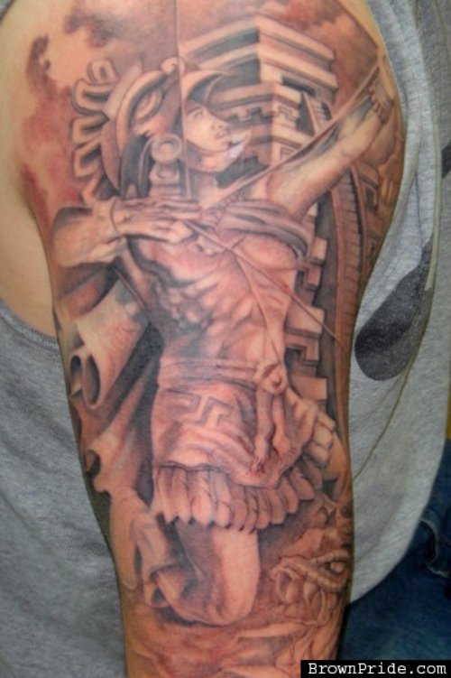 Archer Aztec Tattoo On Half Sleeve