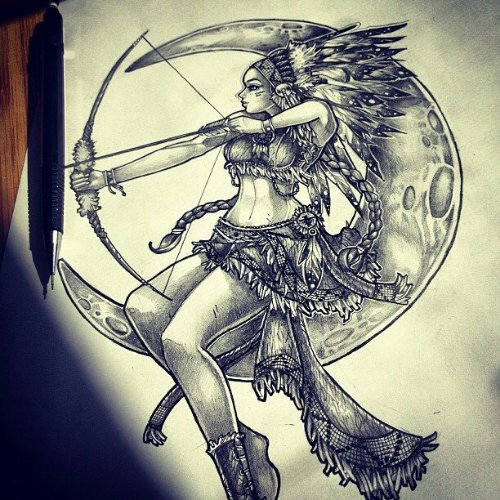 Grey Ink Moon And Archer Tattoo Design