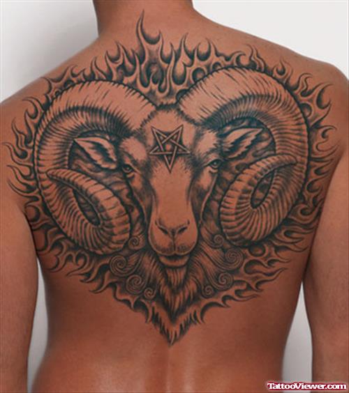 Grey Ink Aries Tattoo On Back Body