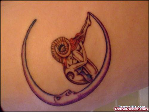 Grey Ink Moon And Zodiac Aries Tattoo