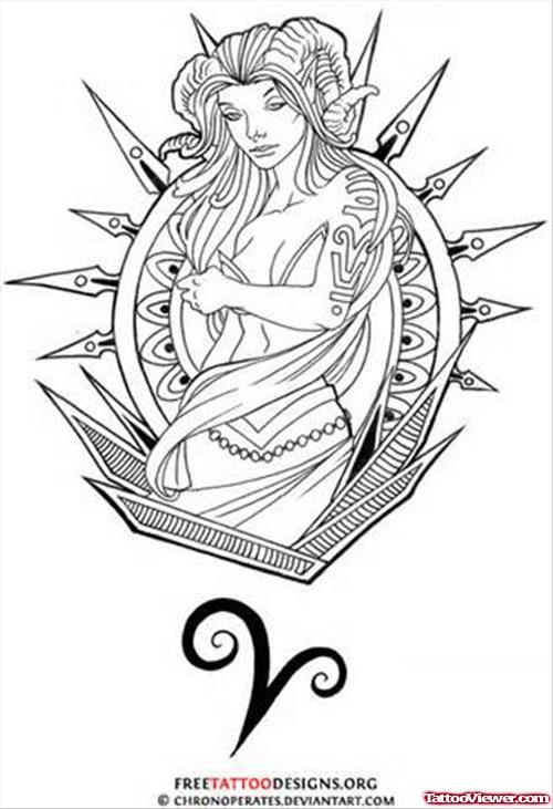 Girl And Zodiac Aries Tattoo Design