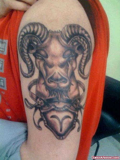 Amazing Grey Ink Goat Head Aries Tattoo On Left Half Sleeve