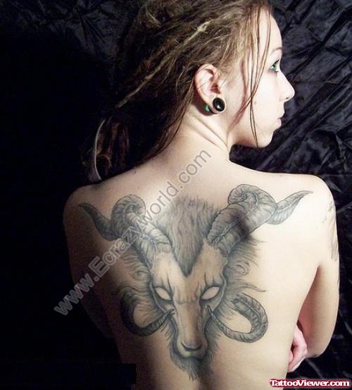 Grey Ink Aries Tattoo On Girl Back Body
