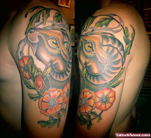 Color Flowers And Aries Tattoo On Half Sleeve