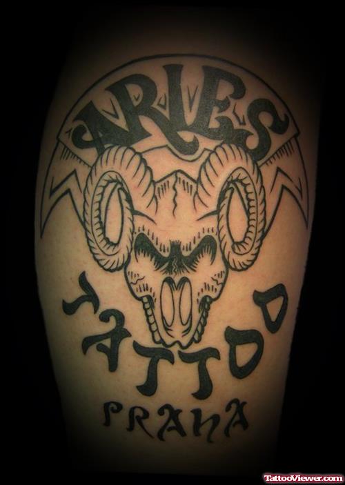 Black Ink Aries Banner Zodiac Tattoo
