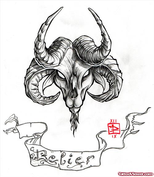 Believe Banner And Aries Head Tattoo Design