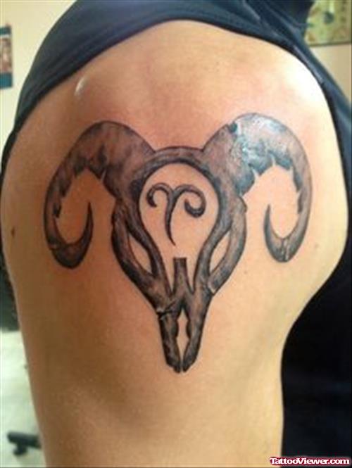 Amazing Grey Ink Aries Head Tattoo On Shoulder
